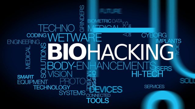 Biohacking body-enhancements bio wetware hacking grinders biology wearable chipset biohacker cybernetic cyborg biometric data words tag cloud text animation video