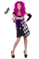 Pretty girl in jester costume isolated on white
