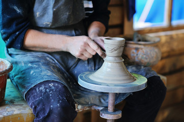 Hands of an artisan working on a potter's wheel