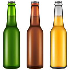 Set of three realistic looking beer bottles. Vector illustration.