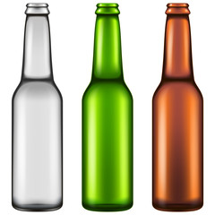 Set of three realistic looking empty beer bottles. Vector illustration.
