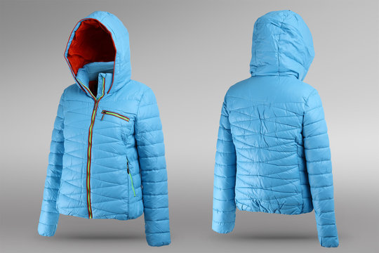 blue woman jacket with red details