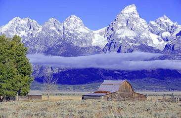 Rural landscape with alpine background with snow capped peaks, Grand Teton National Park, Wyoming, USA