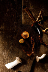 Fresh autumn mushrooms in a rustic kitchen