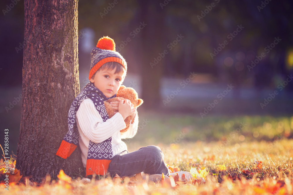 Wall mural Adorable little boy with teddy bear in park on autumn day