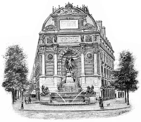 Fototapete Brunnen Fontaine Saint-Michel, Vintage-Gravur.