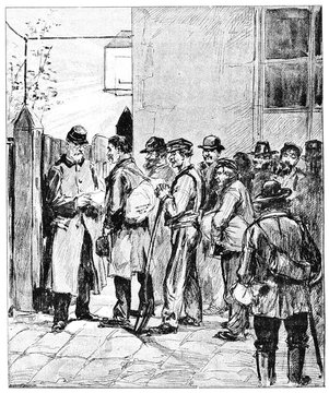 In front of the flophouse of Vaugirard, vintage engraving.