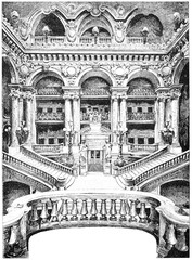 The grand staircase of the Opera, vintage engraving.