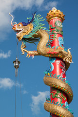 Chinese style dragon statue with blue sky in temple