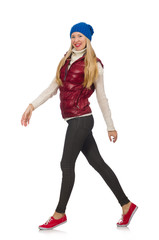 Blond hair girl in bordo vest isolated on white