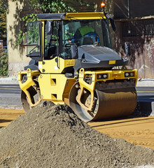 Steam roller at the road construction