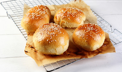 Delicious Burger Buns on Wire Rack with Paper
