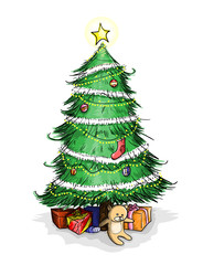 Christmas Tree, a hand drawn vector illustration of a Christmas tree with Christmas presents placed under it.