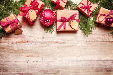 Festive Christmas border over wood
