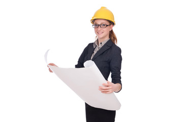 Woman architect with blueprints on white