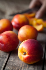 Peaches healthy vegetarian nutrition food on vintage wooden