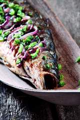 Roasted Fish Garnished with Red and Green Onions