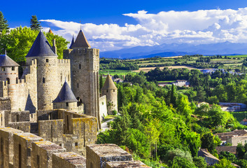 Carcassonne - impressive town-fortress in France - obrazy, fototapety, plakaty