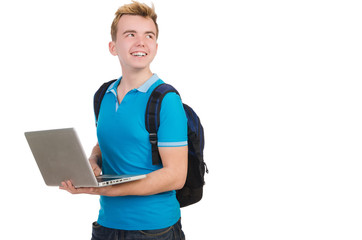 Student with laptop isolated on white