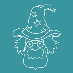 Old Wizard with Magic Hat inline style, Vector Illustration