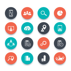 16 business round flat icons pack, vector illustration