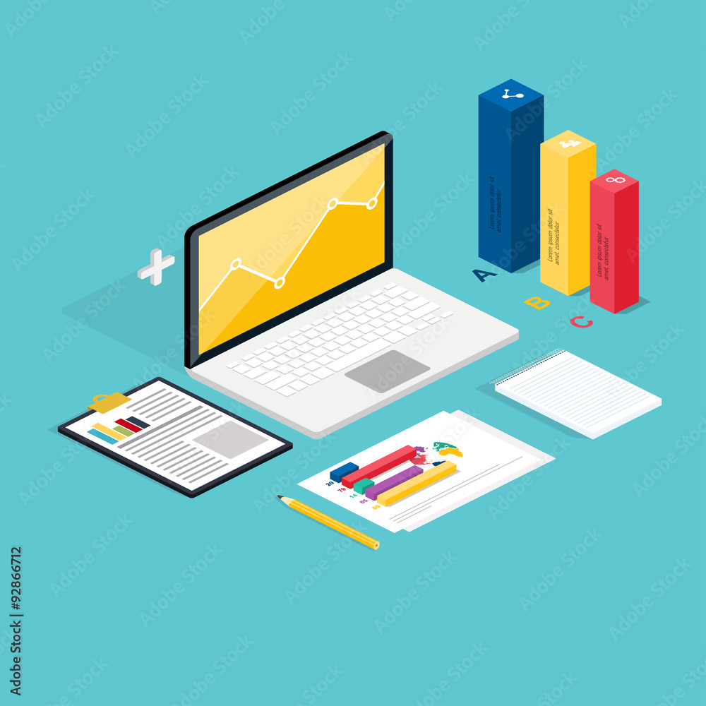 Poster web of analytics process with claptop and development website st
