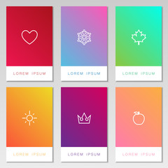 Collection of bright and colorful card set with love, winter, nature, sun, royal and peach symbol. Blur background collection with space for text isolated on gray background.