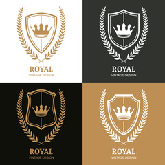 Set of vector vintage logo design template. Crown, shield and la