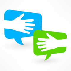 Handshake icon in speech bubble on white, illustration