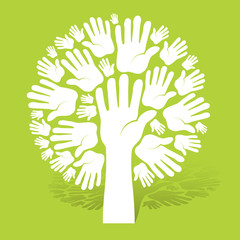 Hands of tree on green color background, illustration