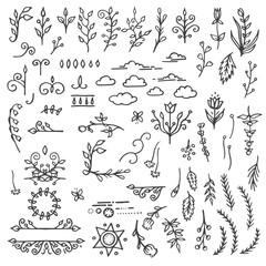 Set of Hand Drawn Black Doodle Design Elements. Decorative
