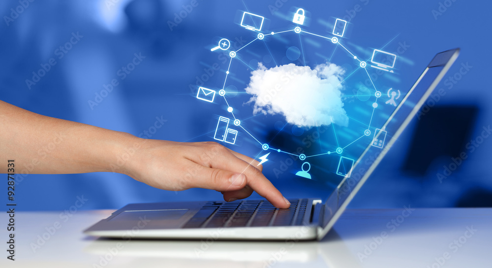 Aufkleber hand working with a cloud computing diagram