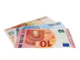 Obraz na płótnie Canvas Euro banknotes, twenty, fifty, ten isolated on white with clipping path
