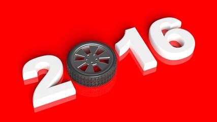 2016 text with car wheel rim, isolated on red.