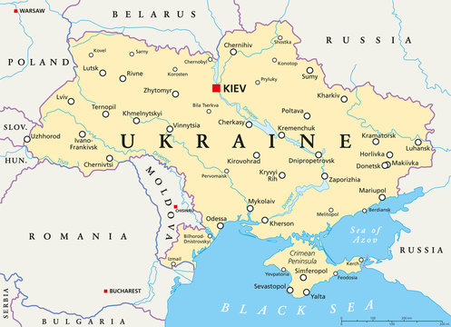 Ukraine political map with capital Kiev, national borders, important cities, rivers and lakes. English labeling and scaling. Illustration.