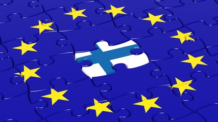 Jigsaw puzzle flag of European Union with Finland flag piece.