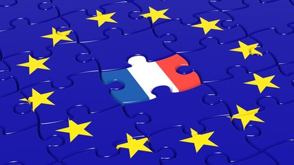 Jigsaw puzzle flag of European Union with France flag piece.