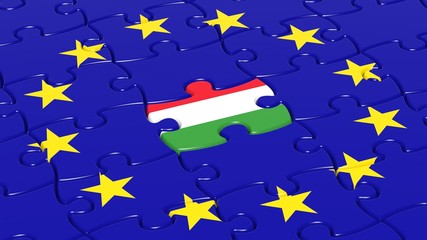 Jigsaw puzzle flag of European Union with Hungary flag piece.