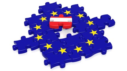 Jigsaw puzzle flag of European Union with Austria flag piece, isolated on white.