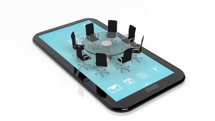 Tablet and round glass meeting table with chairs on it, isolated on white background.