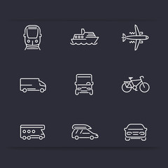 Transport, car, van, minivan, bus, train, airplane, ship line white icons, vector illustration