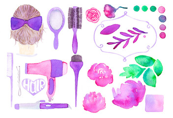 Hair styling and floral decor. Hand drawn set of different hair styling tools, frame and flowers.