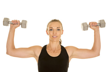 Fototapeta na wymiar woman fitness black tank top flex with weights look