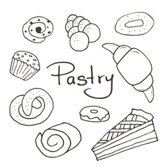 Hand drawn sweet pastry set. Bakery vector elements sketch. 