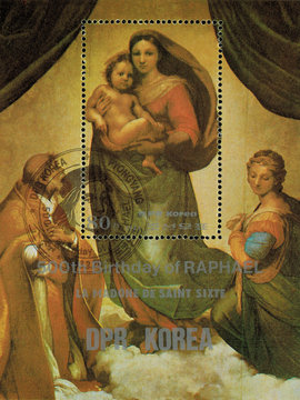 postage stamp/ DPR KOREA - CIRCA 1983: mail stamp printed in DPR Korea featuring 500 years since the birth of Raphael. Reproduction of Raphael Santi, the Sistine Madonna, circa 1983