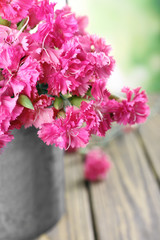 Beautiful bouquet of pink carnation in watering can on bright background