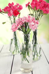 Beautiful bouquet of pink carnation in vases on bright background