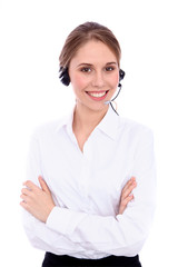 Portrait of smiling cheerful young support phone operator in headset, isolated over white background