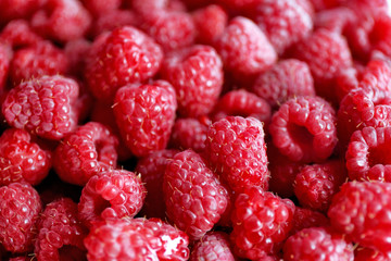 Heap of sweet red raspberries close up