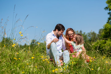 Family cuddling sitting on meadow